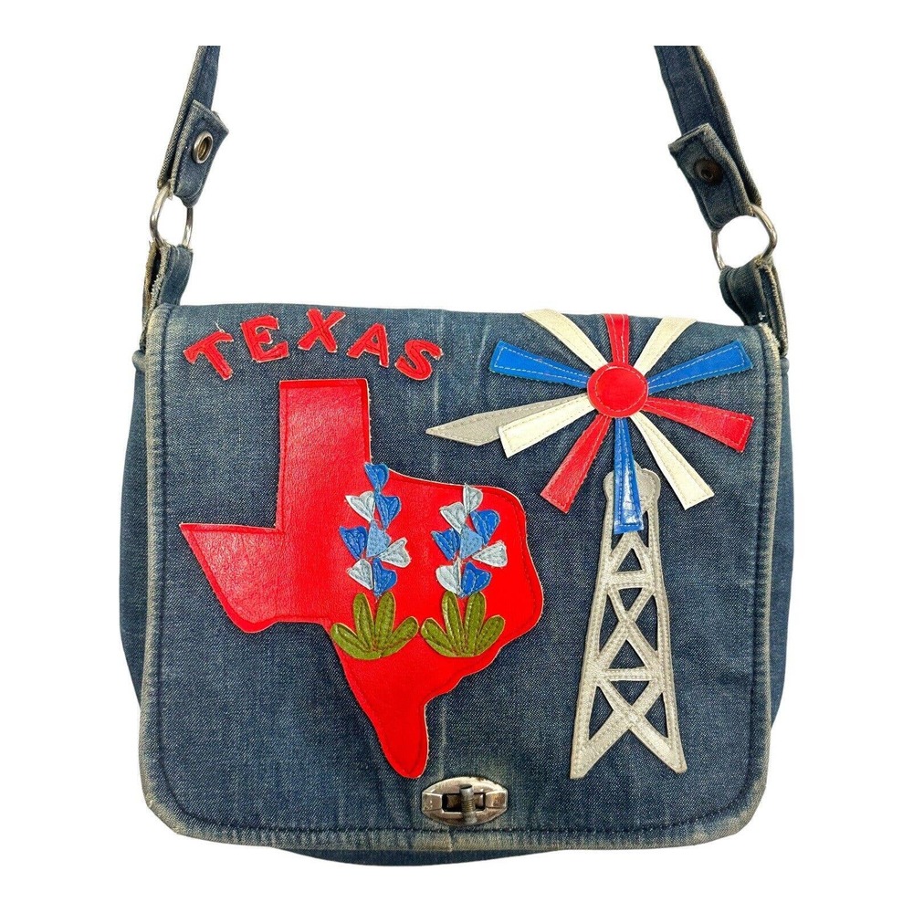 Vtg 60 70's AMERICANA Handbag TEXAS Distress Denim Flap Shoulder Bag